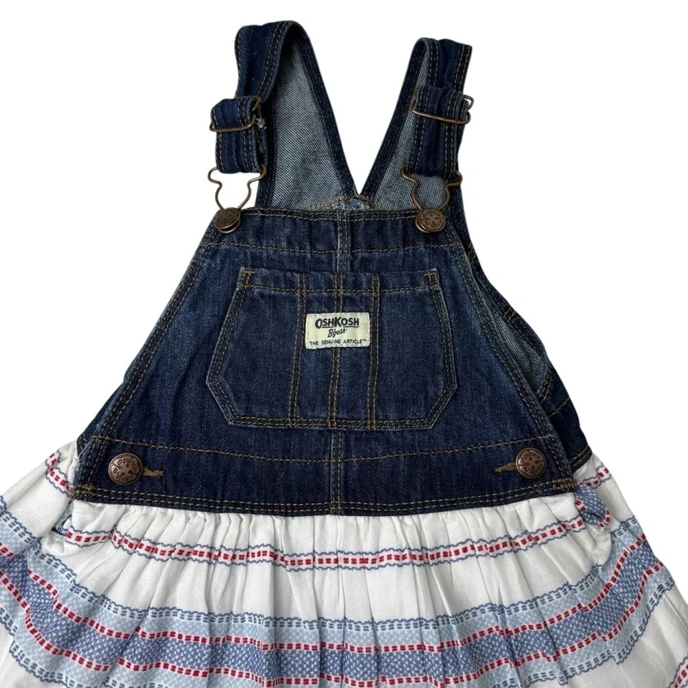 Osh Kosh Baby Girl's 3T Vestbak Bib Overall Dress Re White Blue 4th Of July Jean